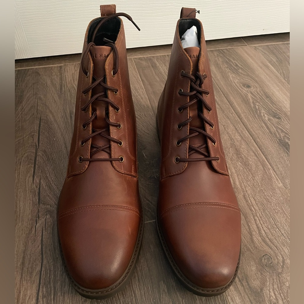 NEW Cole Haan Men's Brown Leather Lace-Up Grand Lug Boots